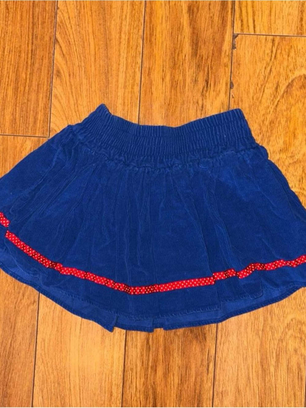 Vintage Blue corduroy skirt with red polka dot trim